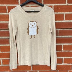 JCrew crew neck sweater - tan with owl embellishment